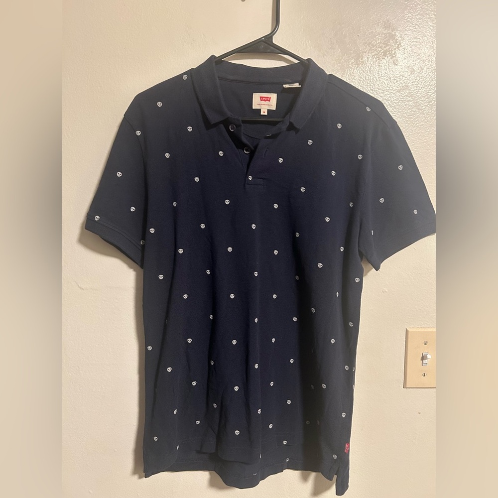 Navy Blue Alien Embroidered Polo Shirt Normcore Modern Prep Soft Masc M